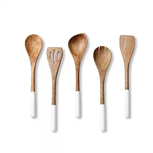 Folkulture Wooden Spoons for Cooking, Set of 5 Nonstick Cookware Sets Includes Wooden Spoon, Serving Fork, Spatula, Slotted Turner, Corner Spoon, 12 Inches Long Kitchen Utensil Sets, Mango Wood, White