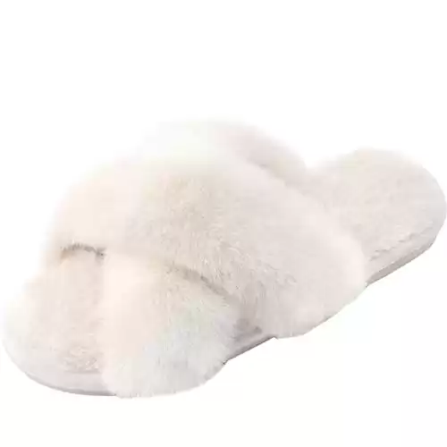Parlovable Women's Cross Band Slippers Fuzzy Soft House Slippers Plush Furry Warm Cozy Open Toe Fluffy Home Shoes Comfy Indoor Outdoor Slip On Breathable Off-White 5-6