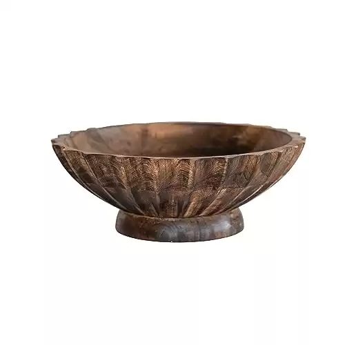 Bloomingville 9.5 Inches Round Hand-Carved Mango Wood Footed Scalloped Edge, Burnt Finish Bowl, Brown