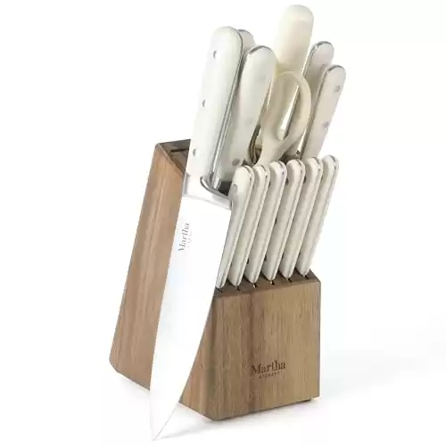 MARTHA STEWART Eastwalk 14 Piece High Carbon Stainless Steel Cutlery Knife Block Set w/ABS Triple Riveted Forged Handle Acacia Wood Block - Linen White