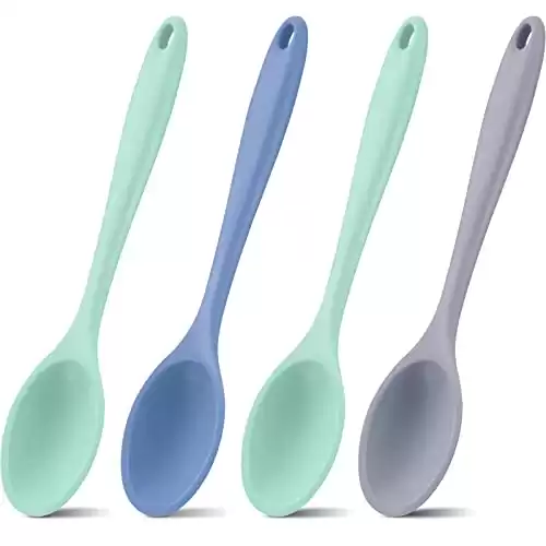 4 Pieces Large Silicone Mixing Spoon for Baking, Serving, Basting - Heat Resistant, Non Stick Utensil Spoon (Blue, Gray, Green)