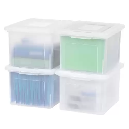 IRIS USA Letter/Legal File Tote Box, 4 Pack, BPA-Free Plastic Storage Bin Tote Organizer with Durable and Secure Latching Lid, Stackable and Nestable, Pearl