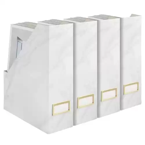 BLU MONACO Set of 4 Elegant Magazine Holders with White Marble Design and Gold Label Holders - Perfect File Holder for Desk, Magazine Storage for Home Office, and Classroom Organization and Storage