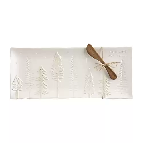 Mud Pie Christmas Hostess Plate and Spreader Set, White Trees