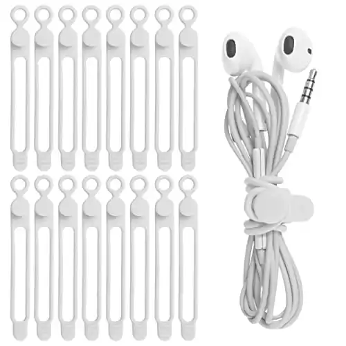 Nearockle 16Pcs Silicone Cable Straps Wire Organizer for Bundling Earphone, Phone Charger, Computer Cords, Reusable Cable Ties Cord Organizer in Home,Office,Kitchen,School(White)