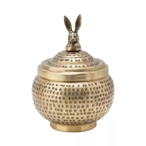Creative Co-Op Hammered Metal Container with Rabbit Finial, Brass Finish Storage Box