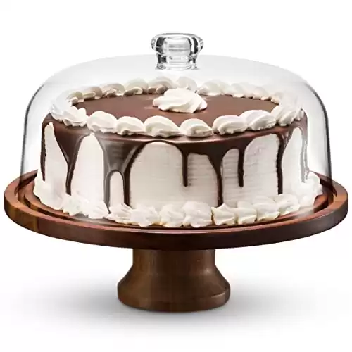 Godinger Footed Cake Plate, Acacia Wood and Shaterproof Acrylic Lid, Cake Stand with Dome