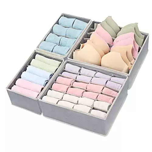 Felibeaco 4 Pack Foldable Underwear and Bras Drawer Organizers, Fabric Closet Dresser Drawers Organizers Dividers, Clothing Storage Organizers Box for Lingerie, Panties, Socks, Briefs,Ties, Gray