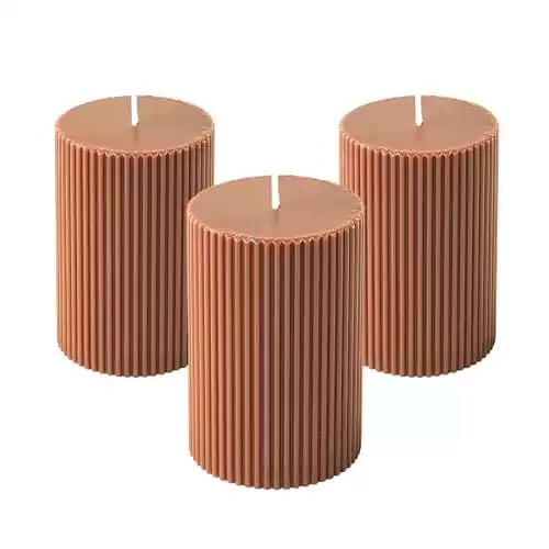 Ribbed Pillar Candles 2.75x4'' Brown Unscented Modern Home Décor Handmade (3 Packs, Brown)