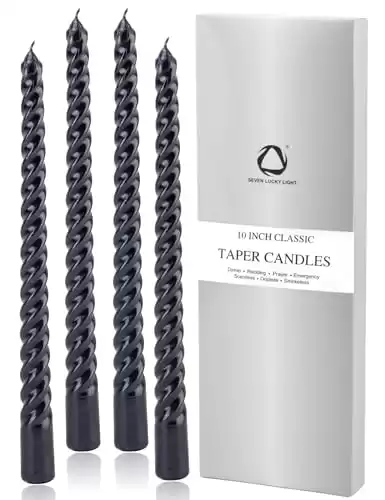 SEVEN LUCKY LIGHT Taper Candles, Metal Style Black Taper Candles Set of 4,Ture Dripless 10" Black Candlesticks,8 hrs Clean Burning Long Candle Sticks