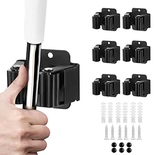 JAMEND CLXP 6PCS Broom and Mop Holder, Heavy Duty Garden Tool Organizer Rack Rake and Shovel Handle, Stainless Steel Mop Hanger. Screws for Wall Mounted. Matte Black