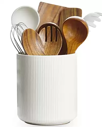 Getstar Large Kitchen Utensil Holder for Kitchen Counter (H7.2” x W6.2”), Ceramic Cooking Utensil Holder with Cork Mat, Kitchen Decor (White, Utensils Not Included)