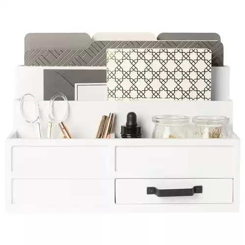 BLU MONACO White Desktop Organizer with Drawer - Home Countertop Storage - Paper Wood Bill Letter Mail Organizer for Office Desk Accessories & Workspace Organizers