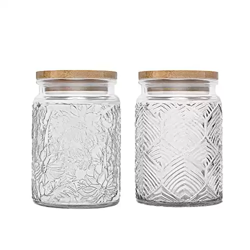 Prettidecor Vintage Glass Airtight Storage Jar with Airtight Bamboo Lid, 24 Oz Kitchen Glass Food Storage Containers for Candy, Coffee Tea Beans, Oats,Flour, Grains,Cute Food Storage Jar 2 Pack