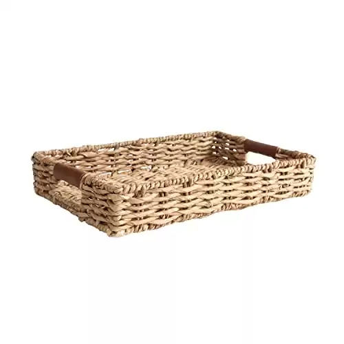Summit Living Handwoven, Multipurpose Rectangle Rattan Tray, 20" x 12" – Durable Wicker Tray with Leather Handles for Home Decor Display or Fruit and Vegetable Storage Tray