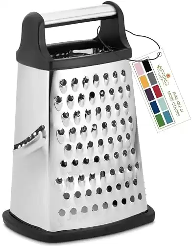 Spring Chef Professional Cheese Grater Stainless Steel, XL Size, 4 Sides Perfect Box Grater for Parmesan Cheese, Vegetables, Ginger Dishwasher Safe Black