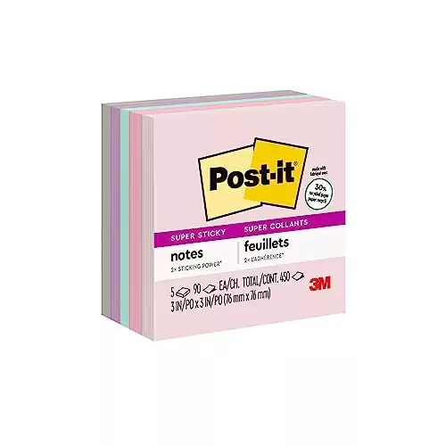 Post-it Super Sticky Recycled Notes, 3 in x 3 in, 6 Pads, 2x the Sticking Power, Bali Collection, Pastel Colors (Lavender, Apricot, Blue, Pink, Mint), 30% Recycled Paper (654-5SSNRP)