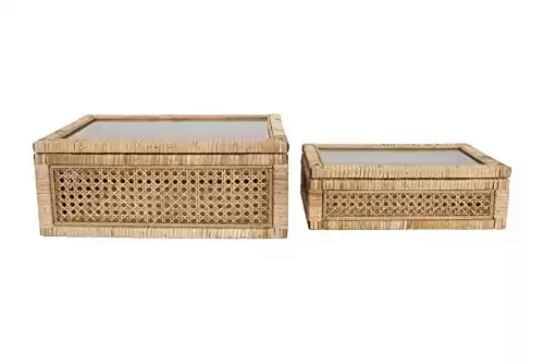 Creative Co-Op Modern Decorative Rectangle Woven Rattan and Wood Display Boxes with Glass Top, Set of 2 Sizes, Natural Finish