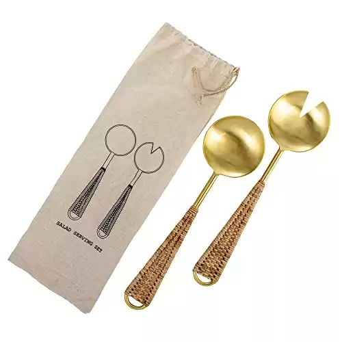 Bloomingville Scandinavian Stainless Steel Rattan Wrapped Handles in Printed Drawstring Bag, Gold and Natural Salad Server