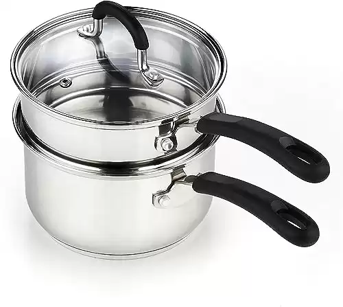 Cook N Home 02655 Professional Double Boiler Saucepan 2-Quart, 18-10 Stainless Steel Steam Melting Pot for Butter Chocolate Cheese, Tempered Glass Lid, Silver