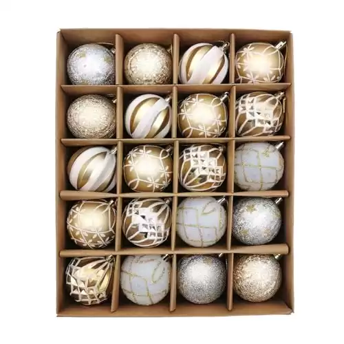 Christmas Ball Ornaments Set, 20ct 60mm Elegant White and Gold Assorted Xmas Tree Ball Ornaments, Shatterproof Christmas Tree Hanging Ornaments for Xmas Decoration