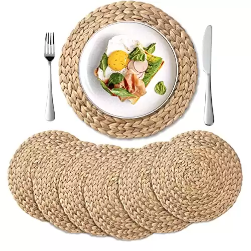 YANGQIHOME 6 Pack, Round Woven Placemats, Natural Water Hyacinth Place mats, Braided Straw Table Mats for Dining Table (11.8 inch)