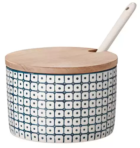 Bloomingville Ceramic Sugar Bowl with Bamboo Lid/Spoon Carla - Jar for salz, jam, mustard Dia 4'' H 2.75'', blue, Stoneware, content 8.75 fl oz