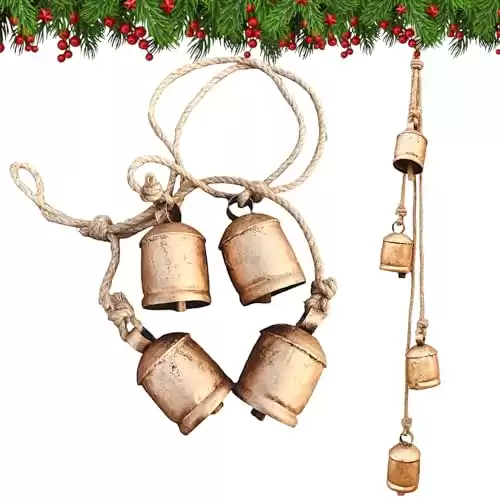 Shabby Chic Bells Rustic Hanging Jingle Christmas Tree Decor - Large Handmade Lucky Cow Bells Vintage Rustic Metal Tranquil Wind Chimes Solid Decorative Wall Hanging décor Home Decor Gifts