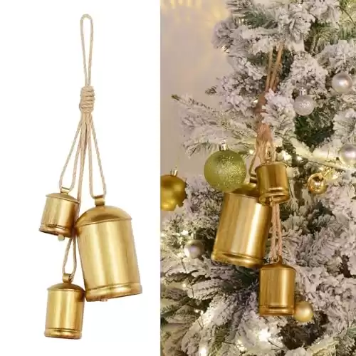 Christmas Bells, Vuskly Gold Bells Metal Vintage Bells with Jute Hanging Rope, Christmas Bells for Decoration,Perfect for Doors, Windows, Living Rooms, Christmas Trees, Wreaths, Gardens, etc-3 PCS