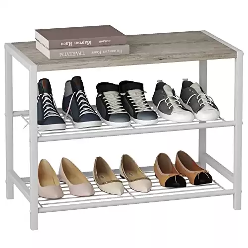 HOMEFORT 3-Tier Shoe Rack, Shoe Storage Shelf, Industrial Shoe Tower, Narrow Shoe Organizer for Closet Entryway, Small Shoe Rack Table with Durable Metal Shelves, White Oak