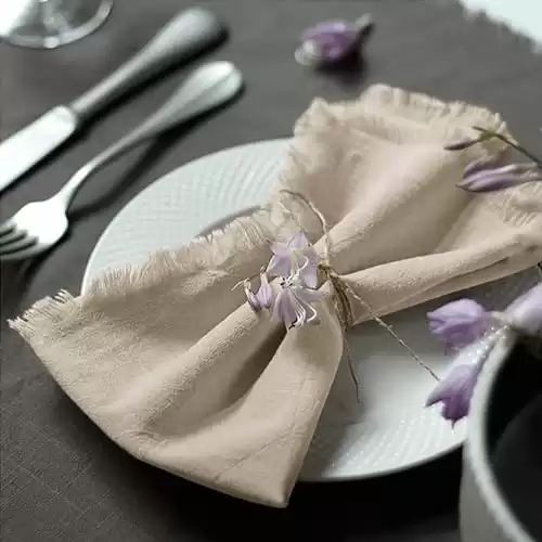 Ayuzawa Handmade Cloth Napkins 100% Cotton Napkins with Fringe，Delicate Handmade Cloth Napkins for Dinners, Parties, Weddings and More，18 x 18 Inch Set of 4 - Beige