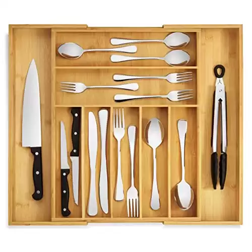 Purawood Large Premium Bamboo Silverware Organizer - Expandable Drawer Organizer & Utensil Organizer - 17.5"x19.75" Cutlery Tray with Dividers for Kitchen Utensils and Flatware (7-9 Slot...