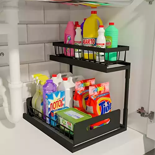 REALINN Under Sink Organizer, 2-Tier Pull Out Cabinet Organizer Under Kitchen Sink Organizer, Under Cabinet Storage Multi-Use for Bathroom Laundry Kitchen