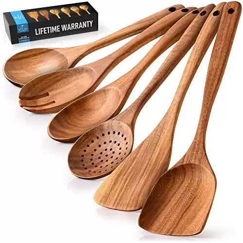 Zulay Kitchen 6-Piece Wooden Spoons for Cooking - Smooth Finish Teak Wooden Utensils for Cooking - Soft Comfort-Grip Wood Spoons for Cooking - Non-Stick Wooden Cooking Utensils - Wooden Spoon Sets