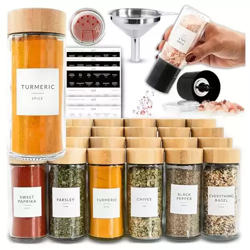 24 Glass Spice Jars with Label, Round Bamboo Spice Jar Set 4oz Seasoning Containers with Labels, Salt Grinder, 374 Spice Labels, Spice Bottles Funnel Empty Spice Jars and Shaker Lids Spice Containers