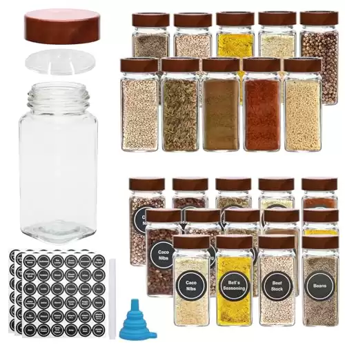 Encheng 25Pcs Glass Spice Jars with Lids,4oz Square Glass Spice Bottles with Shaker Lids,Empty Square Shaker Seasoning Jars with Labels for Condiment,Herb,Sugar,Salt,Spice