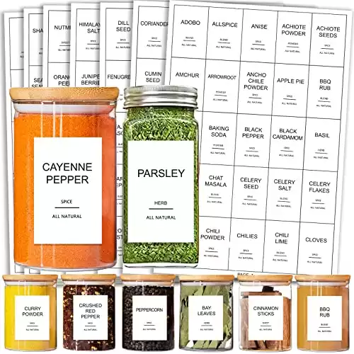 GPOVVIMX 191 Spice Jar Labels Preprinted Minimalist Stickers - White Waterproof Label - Fit Round or Rectangle Spice Jars - Herb Seasoning Kitchen Pantry Labels