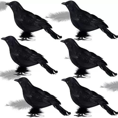 ATDAWN Halloween Birds, Black Feathered Crows, Realistic Looking Halloween Decoration Birds (6.3")