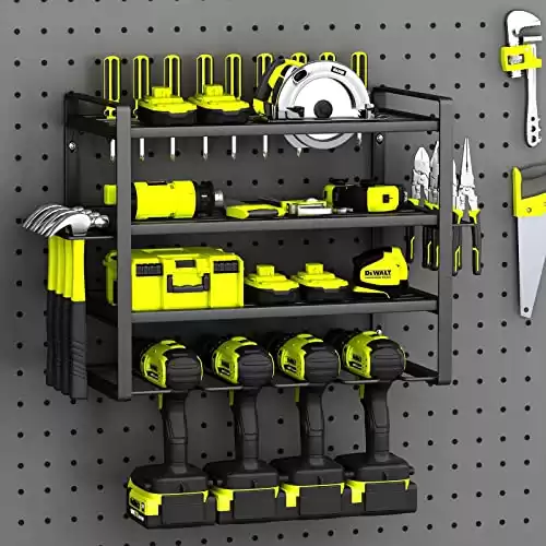 Power Tool Organizer, 4 Layers Garage Tool Organizers and Storage Drill Holder Wall Mount, Storage Rack for Cordless Drill, Heavy Duty Tool shelf with Screwdriver Holder/Pliers Holder/Hammer Holder