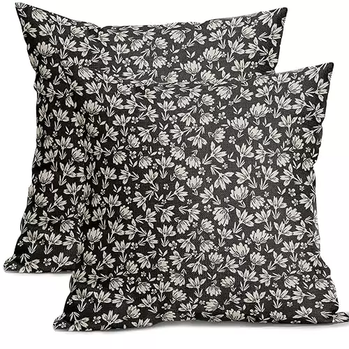 Vintage Floral Pillow Covers 20x20 Set of 2 Black Old White Floral Outdoor Decorative Throw Pillow Covers Farmhouse Rustic Pillowcases Cotton Linen Cushion Covers For Couch Bedroom Sofa Chair Car