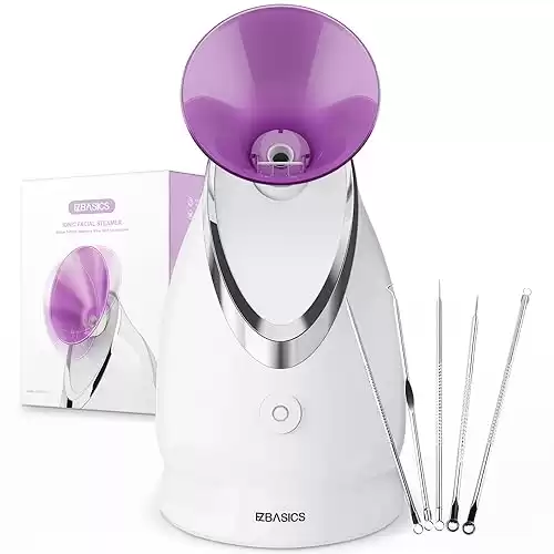 Facial Steamer EZBASICS Ionic Face Steamer for Home Facial, Warm Mist Humidifier Atomizer for Face Sauna Spa Sinuses Moisturizing, Unclogs Pores, Bonus Stainless Steel Skin Kit(Purple)