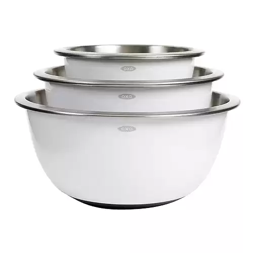 OXO 1107600 Good Grips 3-Piece Stainless-Steel Mixing Bowl Set, White