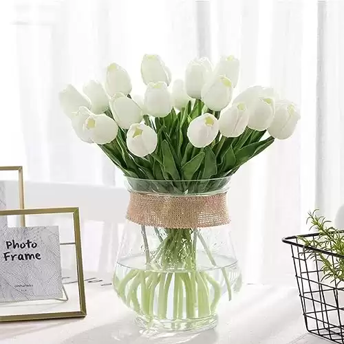 DecoForU 15 Pcs Artificial Flowers Tulips Real Touch Fake Flowers Tulips Flowers Arrangement Bouquet for Home Room Office Wedding Party Decoration(WH) (White)