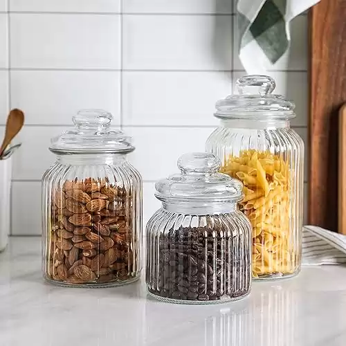 Gala Houseware Airtight Glass Storage Canisters, Set of 3 Clear Glass Storage Jars Bottles, Kitchen Food Storage Containers and Pantry Organizer (D: 4.4" x H.: 5.7" / 7.3" / 9.3")