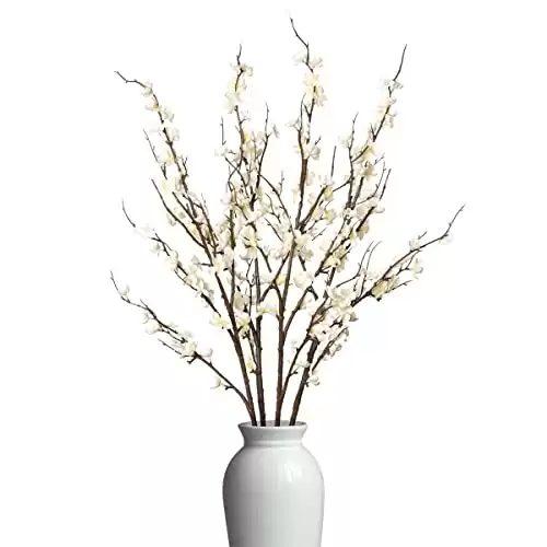 Ammyoo 4 PCS Artificial Plum Blossom Party Decorations Fake Cherry Flowers Faux Long Stems Wintersweets Silk Flowers Arrangement for Wedding Home Office Bedroom Decor(White)