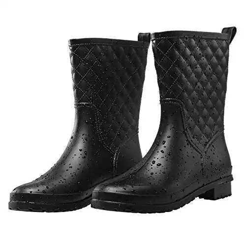 Petrass Women Rain Boots Black Waterproof Mid Calf Lightweight Cute Booties Fashion Out Work Comfortable Garden Shoes, Black 9