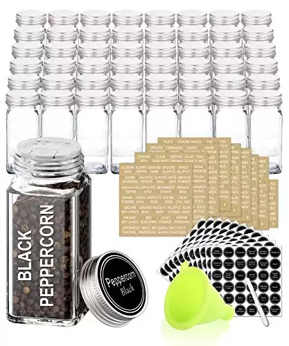 SWOMMOLY 48 Glass Spice Jars with 713 Spice Labels, Chalk Marker and Funnel Complete Set. 48 Square Glass Jars 4OZ, Airtight Cap, Pour/sift Shaker Lid