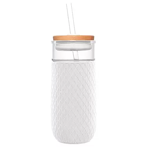 Ello Devon 18oz Glass Tumbler with Straw, Friction Fit Bamboo Wood Lid and Silicone Sleeve | Perfect for Iced Coffee, Tea, and Smoothies | White