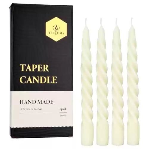 Beeswax Taper Candles Set of 4,Spiral Taper Candle Dripless Short Candle Sticks for Dinner Wedding Party Christmas Home Decorations - 7 Inch Tall- Off White
