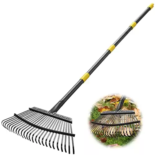Rake - 65 Inch Long Garden Leaf Rake, 18 Inch Wide Heavy Duty Leaf Rake for Shrub with 25 Metal Tines,Yard Thatchibng Rake with Ergonomics Adjustable Handle for Picking Leaves,Grass ClippingsGarbage